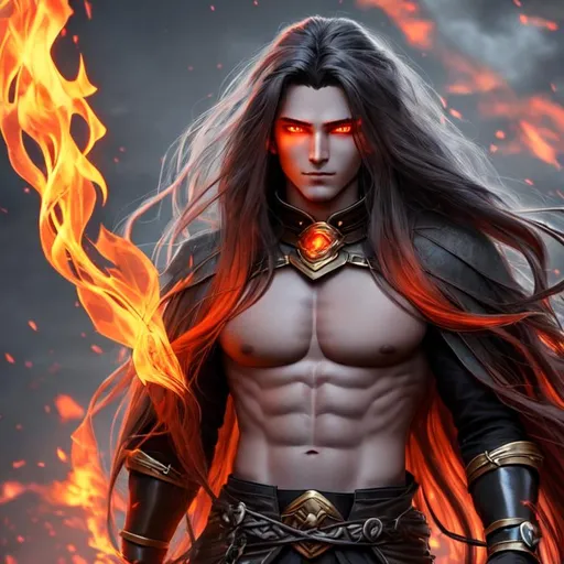 Prompt: Fire Genasi mans face, long hair made of fire, glowing fiery eyes, cracks in his dark ash grey skin reveal a glowing interior 