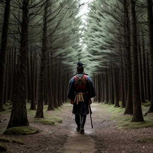 Prompt: a samurai walking in a dark forest, frontal view, dramatic, epic, cinematic, intrincated details