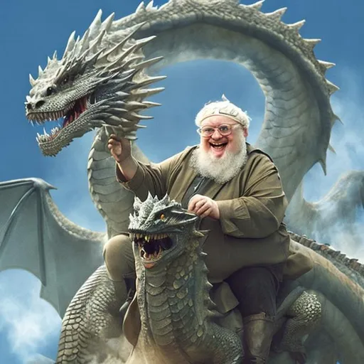 Prompt: George RR Martin riding a dragon