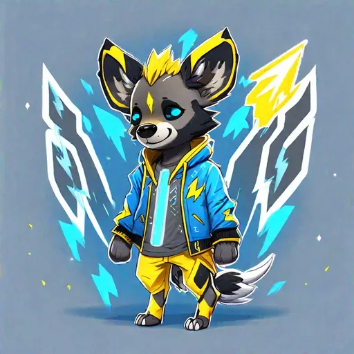Prompt: African Wild Dog anthropomorphic, kawaii style, electric blue angel wings, wearing sky-blue jacket with yellow lightning bolts black shirt and grey pants, Angel of Lightning, thunderstorm and lightning, Masterpiece, Best Quality