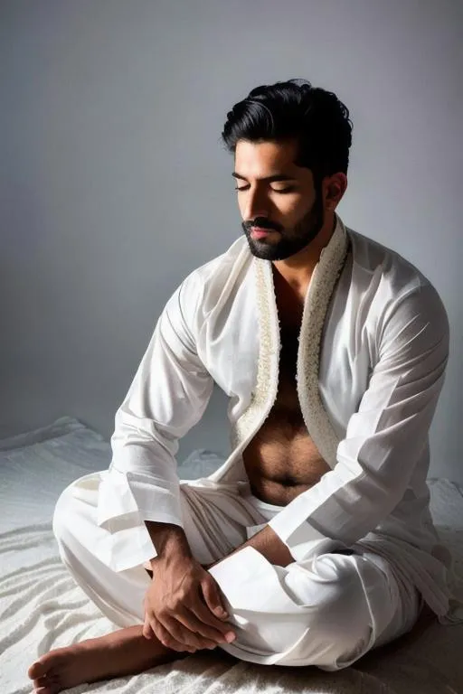 Prompt: a "closed eyes", "meditation", "hyperreal storm"", "lost in god", blissful kashmir hyperreal man, backside, night, white dhoti, friends hypnotised, detailed, hyperreal, sitting, arena, perfect composition, hyperrealistic, super detailed, 8k, high quality, trending art, trending on artstation, sharp focus, studio photo, intricate details, highly detailed, by greg rutkowski
