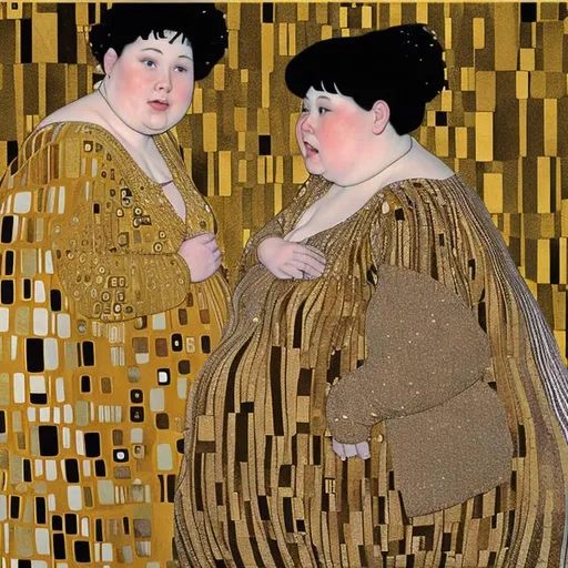 Prompt: two fat  fat women talking klimt style