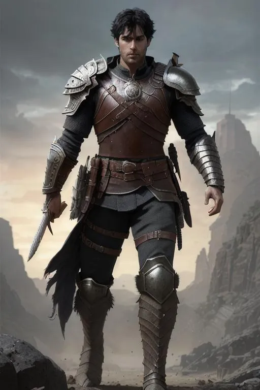 Prompt: Full body portrait of male warrior with black hair and with rugged face, arena, perfect composition, hyperrealistic, super detailed, 8k, high quality, trending art, trending on artstation, sharp focus, studio photo, intricate details, highly detailed, by greg rutkowski