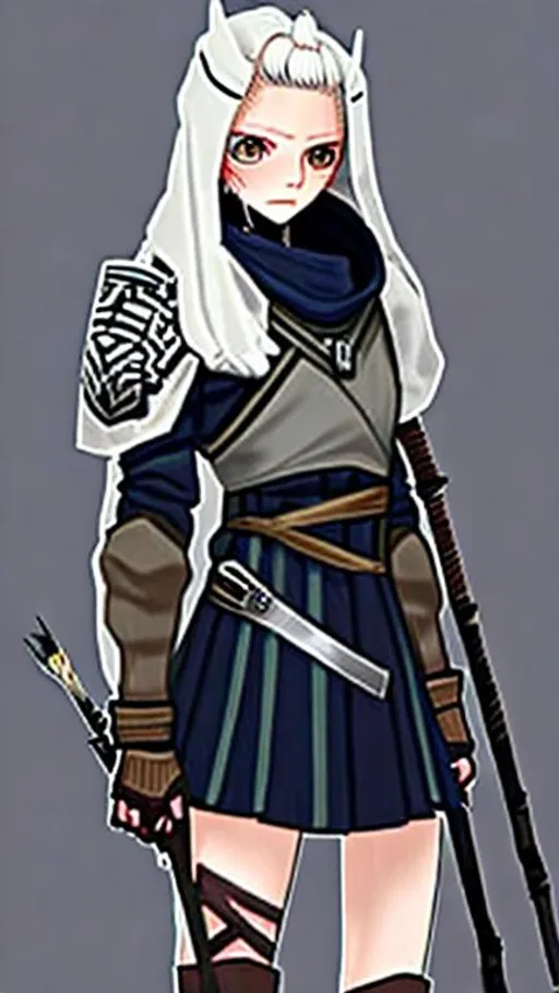 Prompt: A young female Elf wearing a hood on her head, she is 17 years old but she looks younger. She is short but slender. Silver blonde hair, short and ruffle. Blue eyes. She is fierce. She wears clothes suitable for stealth and hunting. She has small boots. She wears a hoodie with ancient decorations. She has a longbow and arrows and she has a short knife secured on her tight. She is left handed.