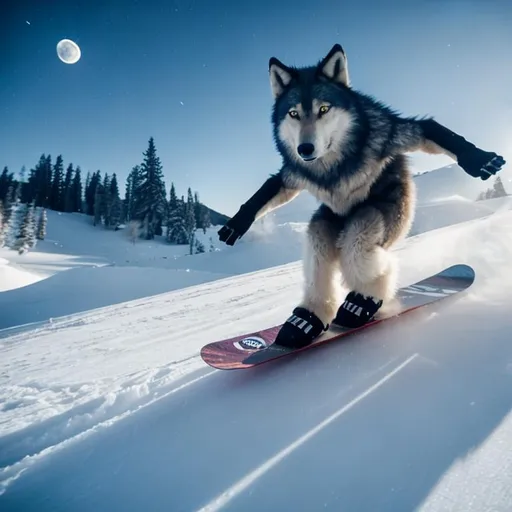 a wolf riding a snowboard at night, moonlight photo... | OpenArt