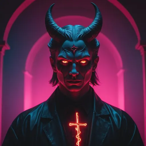 Prompt: demon, hell, demonic, gothic, vaporwave, retro, neon, aesthetic, liminal, high quality, high definition, beautiful, dramatic lighting