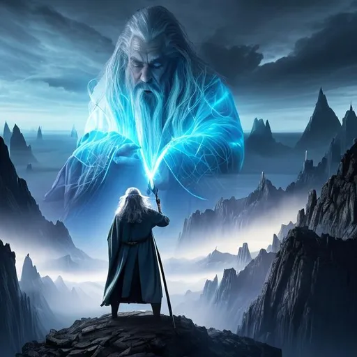 Prompt: Picture Gandalf-like figure, overlooking a vast digital landscape. With a powerful gesture, ethereal blockchain links shoot up into the heavens, illuminating the virtual world below.