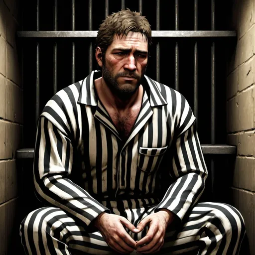 Prompt: Arthur Morgan wearing striped prison jumpsuit sitting in prison cell