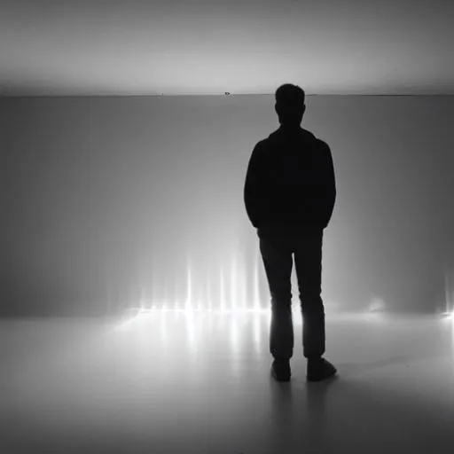 Prompt: a man standing in front of white light in dark room