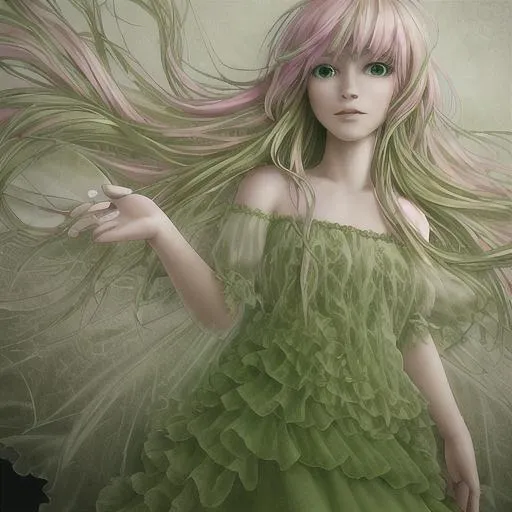 Prompt:  realistic photo of a fairy with blond hair wearing green and pink flowy DETAILED dress with 5 layers of chiffon pastel
