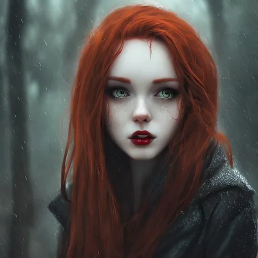Prompt: gloomy landscape, rainy day, lonely women in the forest, detailed beautiful face, redhead, black jacket, optimistic look, vampire, protruding fangs
