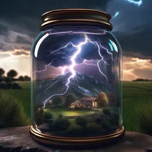 Prompt: A lightning over a landscape entrapped inside a jar beautiful  digital artwork hyperdetailed, UHD, HDR, polished, 16 k

