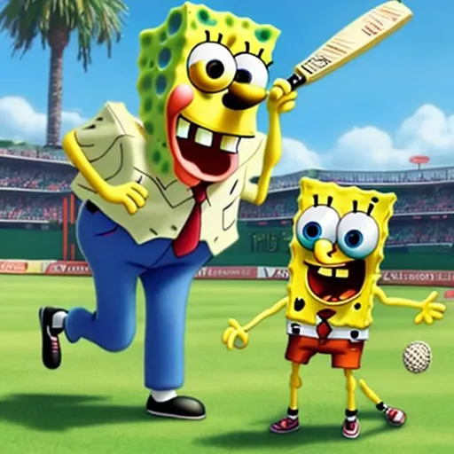 Prompt: spongebob playing cricket 