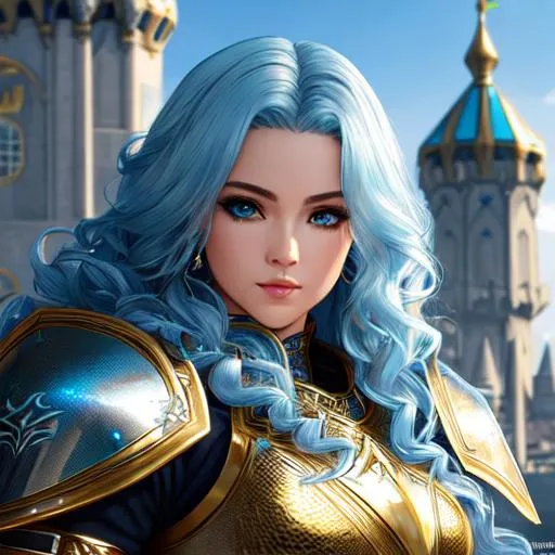 Prompt: 4K, 16K, high quality, extremely detailed, highly realistic, picture quality, cyan long hair (curly - wavy ) (female), eyeliner, silver knight armor with gold accents, steel sword, fantasy city, war-zone, fantasy, knight/general (female)