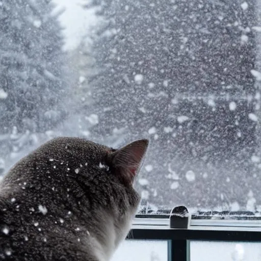 Prompt: grey cat looking out window into a snowy yard, ice hanging off of window sill
