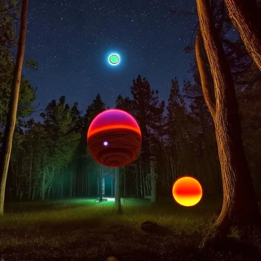 Prompt: Big colorful orbs floating through the sky at night in the woods
With a light alien visible in the background 