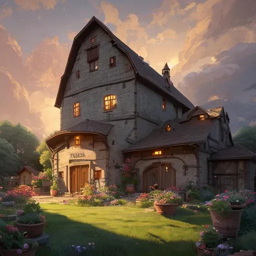 Prompt: "an illustration of a house with large barn with many cute flower pots and beautiful blue sky scenery. earth golem standing in yard, cinematic view, epic sky, detailed, concept art, low angle, high detail, warm lighting, volumetric, godrays, vivid, beautiful, trending on artstation, by jordan grimmer, huge scene, grass, art greg rutkowski"