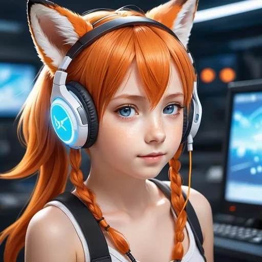 Prompt: a anime kid girl fox ears orange hair blue eyes without shirt only wearing head-set playing a high tech future realistic game