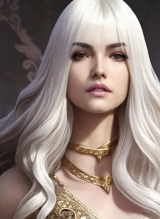 Prompt: Beautiful portrait of a symmetrical-faced Carmilla from mobile legends, hyper realistic, smooth clear porcelain skin, big dreamy eyes, rebonded intricate silky white hair, detailed face, looking into camera, 16k, full body, splash art, fantasy concept art, complementary colours, fit and muscular, carmilla’s gown