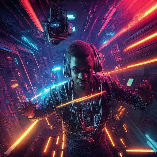 Prompt: close up deejay with his hands up wearing headphones in a lightshow, perfect composition, hyperrealistic, super detailed, 8k, high quality, trending art, trending on artstation, sharp focus, studio photo, intricate details, highly detailed, cyberpunk, by greg rutkowski