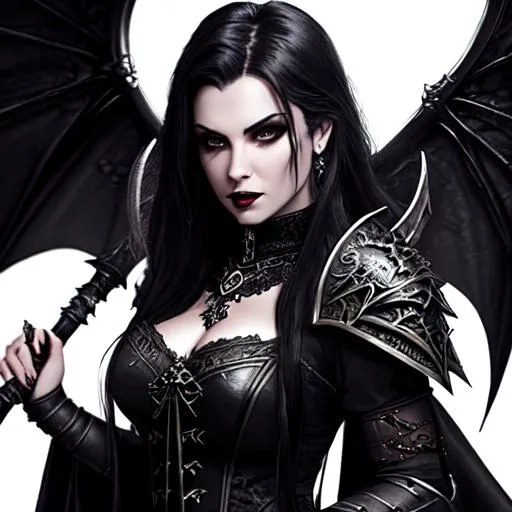 Prompt: cinematic portrait, dungeons & dragons, final fantasy concept art, watercolor, HD photography, (((beautiful goth vampire woman with realistic face, detailed face))), battleworn, dragon with wings, intricate steel broadsword, angry face, rage, pale skin, angular eyebrows, ++[thick lips], dark hair, black hair, powerful pose, warrior, heavy black metal armour, young angelina jolie, high contrast, ethereal, royal vibes, 3D lighting, blue forked lightning