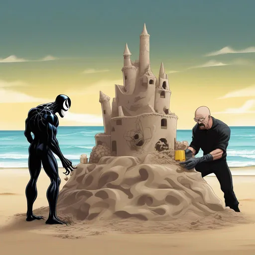 Prompt: Venom Symbiote, making a sand castle, Walter White Breaking bad helping, beach background
