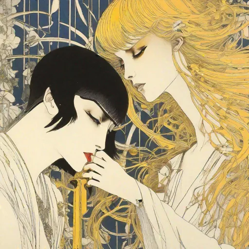 Prompt: Aubrey Beardsley and Hajime Sorayama color illustration of "Beauty is a weapon to wound the mind, Love...the soul"