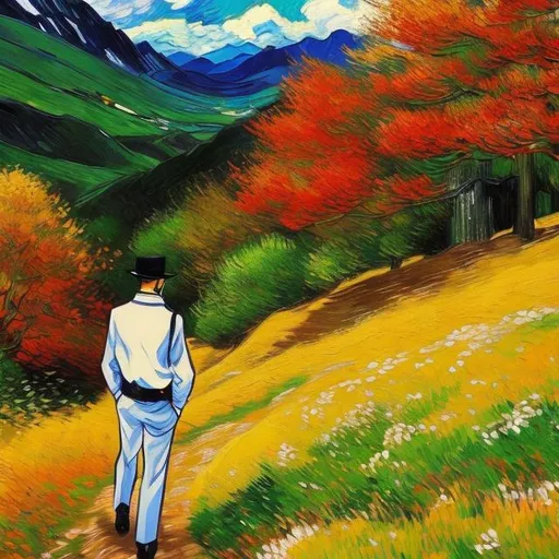 Prompt: A well-dressed man wandering in the mountains, peaceful atmosphere. Character by Hirohiko Araki. background in the mixed style of Vincent Van Gogh and Bob Ross.