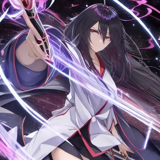 Prompt: Attractive Anime magician girl, with black hair, deadpan expression, wielding a long magic wand staff, wearing a white priestly robe, emerging from magical flames