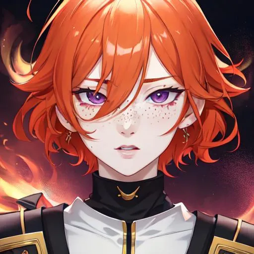 Prompt: Erikku male adult (short ginger hair, freckles, right eye blue left eye purple) UHD, 8K, Highly detailed, insane detail, best quality, high quality,  anime style, closed eyes