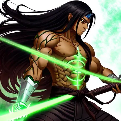 Prompt: susanoo from naruto, realistic susanoo, dark brown skin, brown skinned man with long black hair wielding a gunbai, big nose, green susanoo, jutsu, 