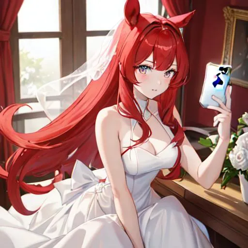 Prompt: Haley as a horse girl with bright red side-swept hair, selfie, upset, wearing a royal white wedding dress 