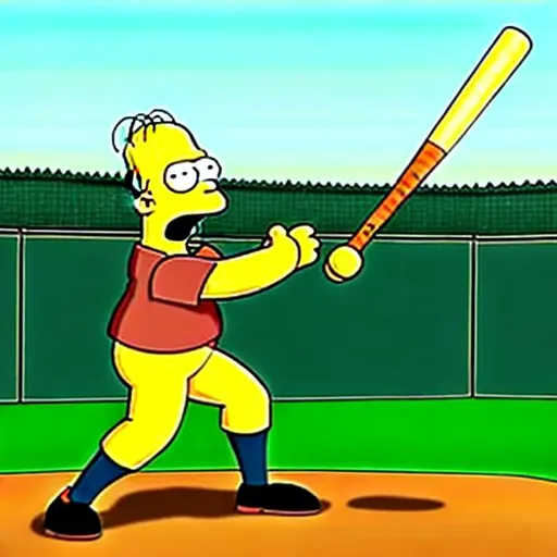 Prompt: a baseball player holding a baseball bat swinging at a baseball, make it look like the Simpsons