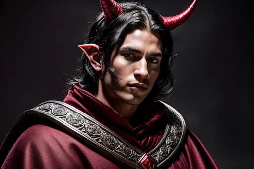 Prompt: Male, Race is tiefling, Photorealistic Overdetailed Portrait, Well Detailed face, Red and Black Robes and Armor, Black hair, Red Skin, horns, Detailed Hands, Detailed Twilight Background, Intricately Detailed, Award Winning, Photograph, Film Quality.