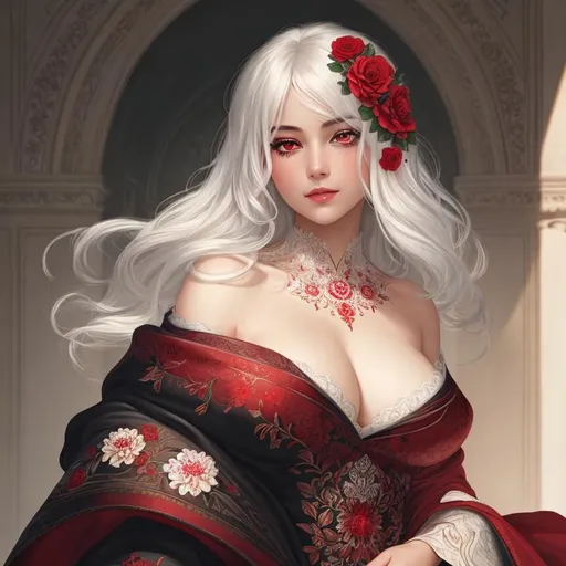 Prompt: Masterpiece, illustration, best quality:1.2), 1girl, solo, white hair, dignfied, finely detailed, detailed face, toned face, beautiful detailed eyes, beautiful detailed shading, beautifully detailed background,  ruby red eyes, flowers everywhere, flower inspired,