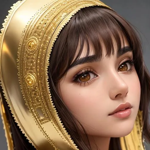 Prompt: Beautiful girl, dark brown hair, dark brown eyes, gold adornment in hair, facial closeup