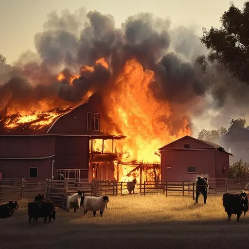 Prompt: an farm burning and animals holding an gun