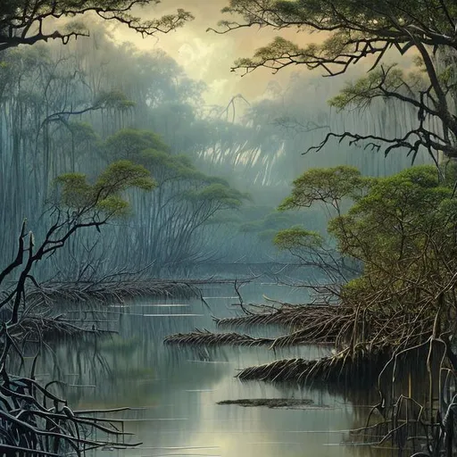 Prompt: Landscape painting, dark mangrove, crocodiles, dull colors, danger, fantasy art, by Hiro Isono, by Luigi Spano, by John Stephens
