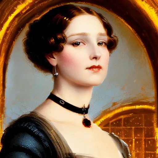 Prompt: A beautiful Victorian woman with dark hair and golden eyes, wearing a black gown and a garnet choker, standing in the doorway of a pub