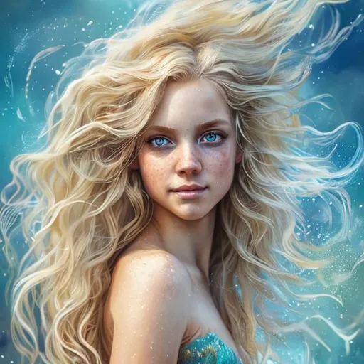 Prompt: full-body portrait of a {mermaid}, short very yellow blonde hair blown by wind, smooth soft skin, big dreamy blue eyes, beautiful intricate colored hair, symmetrical, water background, dappled light, detailed face, digital painting, ultrahd, looking into camera, smile, telephoto, vivid colors