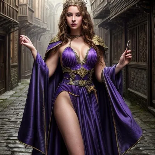 Prompt: ((best quality)), ((masterpiece)), ((realistic)), (detailed), top model,  young female fantasy mage, freckles, purple eyes, wearing blue robes, highly detailed skin, looking at the viewer, fantasy art, stunning gradient colors, no watermark signature, detailed background, town, alley, dark alley, closed mouth, insanely detailed, , ((masterpiece)), absurdres, HDR