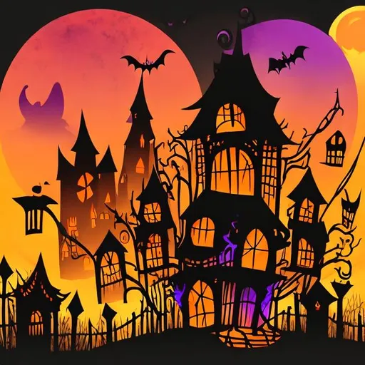 Prompt: Background:
   - Dark and spooky
   - Moonlit night
   - Haunted house silhouette

Main Graphics:
   - Jack-o'-lanterns
   - Witch on a broomstick
   - Bats flying
   - Ghosts
   - Skeletons

Colors:
   - Black
   - Orange
   - Purple
   - Green
   - White (for contrast)

Additional Elements:
   - Spider webs
   - Creepy trees
   - Gravestones
   - Candy corn

20 oz tumbler