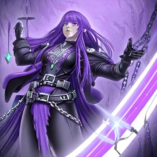 Prompt: Beautiful female alien hybrid, detailed eyes, has a sword emanating lightning, a young anime woman with long dark purple luxurious hair with a fringe haircut, purple eyes, disoriented due to memory loss, wearing a trenchcoat with neon purple edges and a belt with hanging silver chains and wears black leather gloves, an amethyst hairclip in her hair, fantasy, clear sparkling purple glowing eyes, intricately detailed face, intricate, highly-detailed, ultrarealistic face, large landscape, mechanics, dramatic lighting, gorgeous face, lifelike, stunning, digital painting, large, artstation, illustration, concept art, smooth, sharp focus, looking and smiling at viewer, full body, photography, detailed skin, realistic, photo-realistic, 8k, highly detailed, full length frame, High detail, showing full body, full body art 