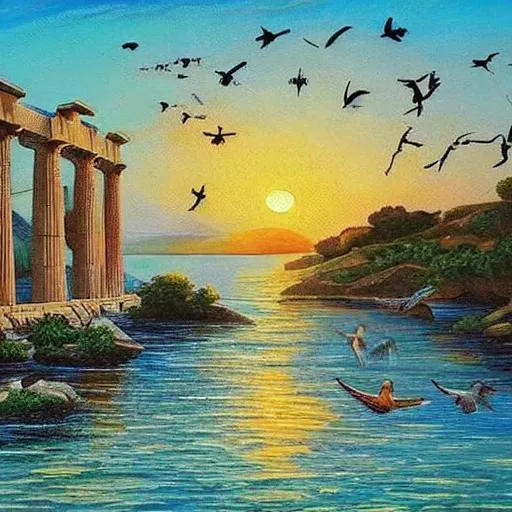 Prompt: beautiful painting of ancient greece with birds and a sunset