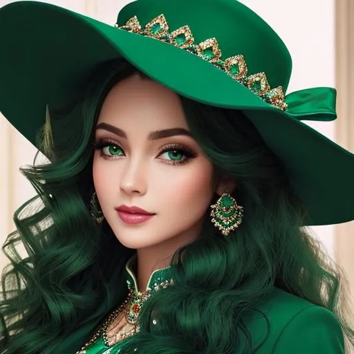 Prompt: Lady all in green, Long  very curly hair, wearing emerald jewelry, face front, blue fashion, stylish hat and coat, pretty makeup, facial closeup