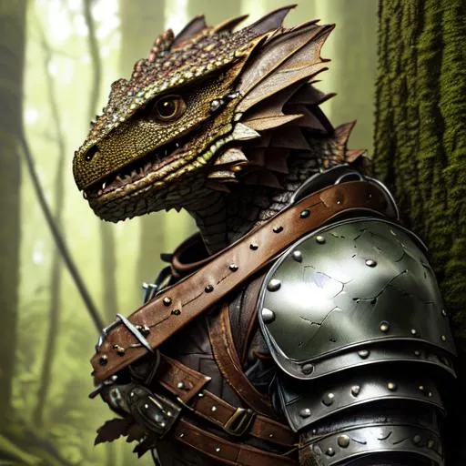 Prompt: portrait of a (Green and Brown dragonborn Ranger hunting ),wearing basic leather armor with rustic camouflage details including leaves.  , Forest background, D&D setting, perfect composition, hyperrealistic, super detailed, 8k, high quality, trending art, trending on artstation, sharp focus, studio photo, intricate details, highly detailed, by greg rutkowski and alphonse mucha