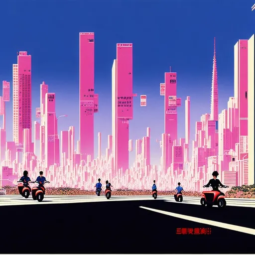 Prompt: Hiroshi Nagai art, 80s city pop, people riding Vespas, Italian landscape 