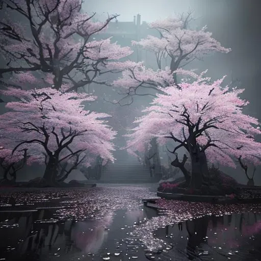 Prompt: Anything, morbid, cherry blossom, dark, grandiose, overpowering render, dark fantasy, unreal engine, raytracing, post-processing, zbrush, substance painter, trending on ArtStation, epic perspective, epic lighting, composition, photorealistic, vfx, cgsociety, volumetric lighting, + cinematic + photo + realism + high detail, cgi, 8k, --ar 16:9