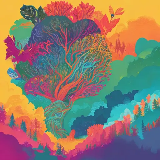 Prompt: a nature-inspired colorful cover art for a artist website 
