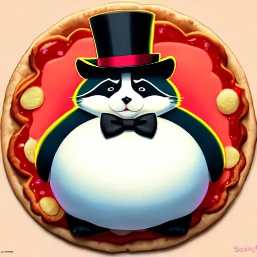 Prompt: fat round raccoon wearing (((top hat and monocle))), fluffy, fluffy tail, art style of sam yang and james jean! cute (((neon))) surrealism, pizza